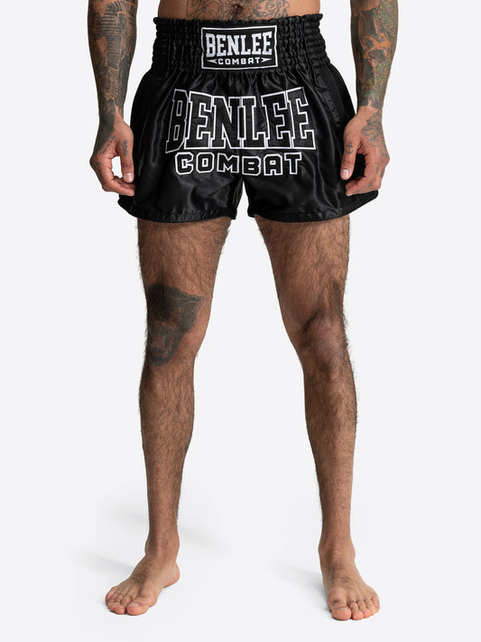 Schwarz-weisse BENLEE Unisex Thaibox-Hose aus Satin für Muay Thai.