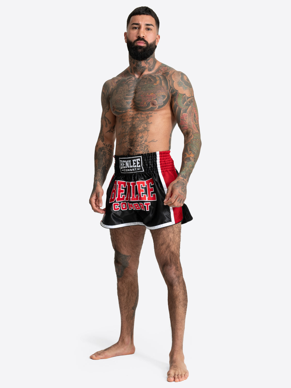Schwarz-rote BENLEE Unisex Thaibox-Hose aus Satin für Muay Thai.