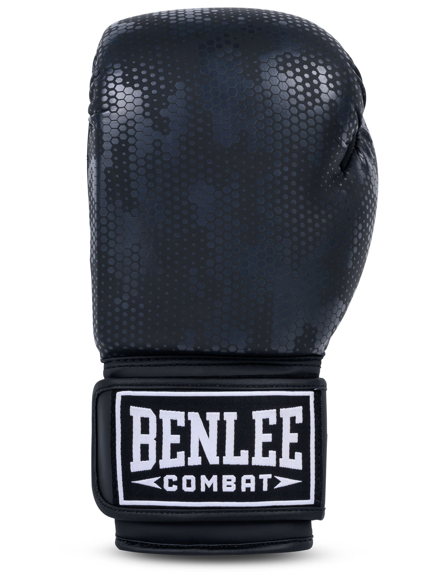 Schwarze Benlee Boxhandschuhe aus Kunstleder mit Camouflage-Muster.