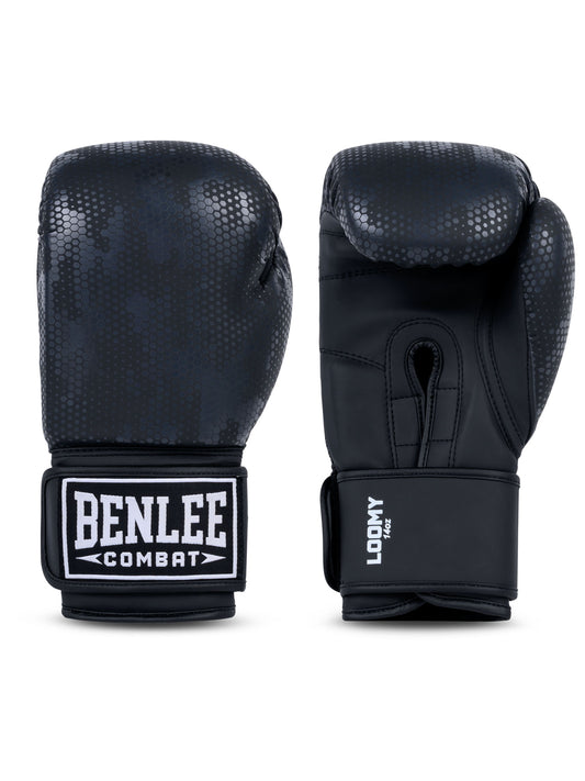 Schwarze Benlee Boxhandschuhe aus Kunstleder mit Camouflage-Muster.