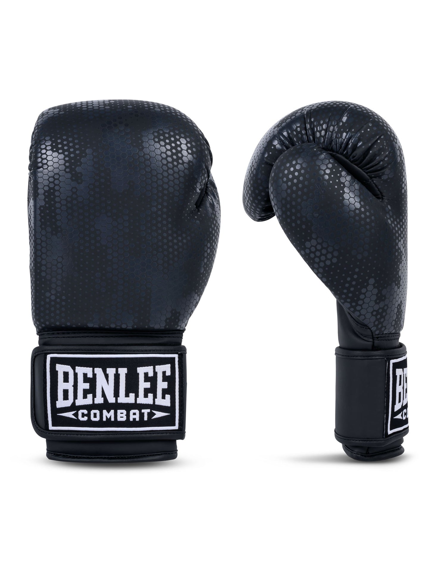 Schwarze Benlee Boxhandschuhe aus Kunstleder mit Camouflage-Muster.