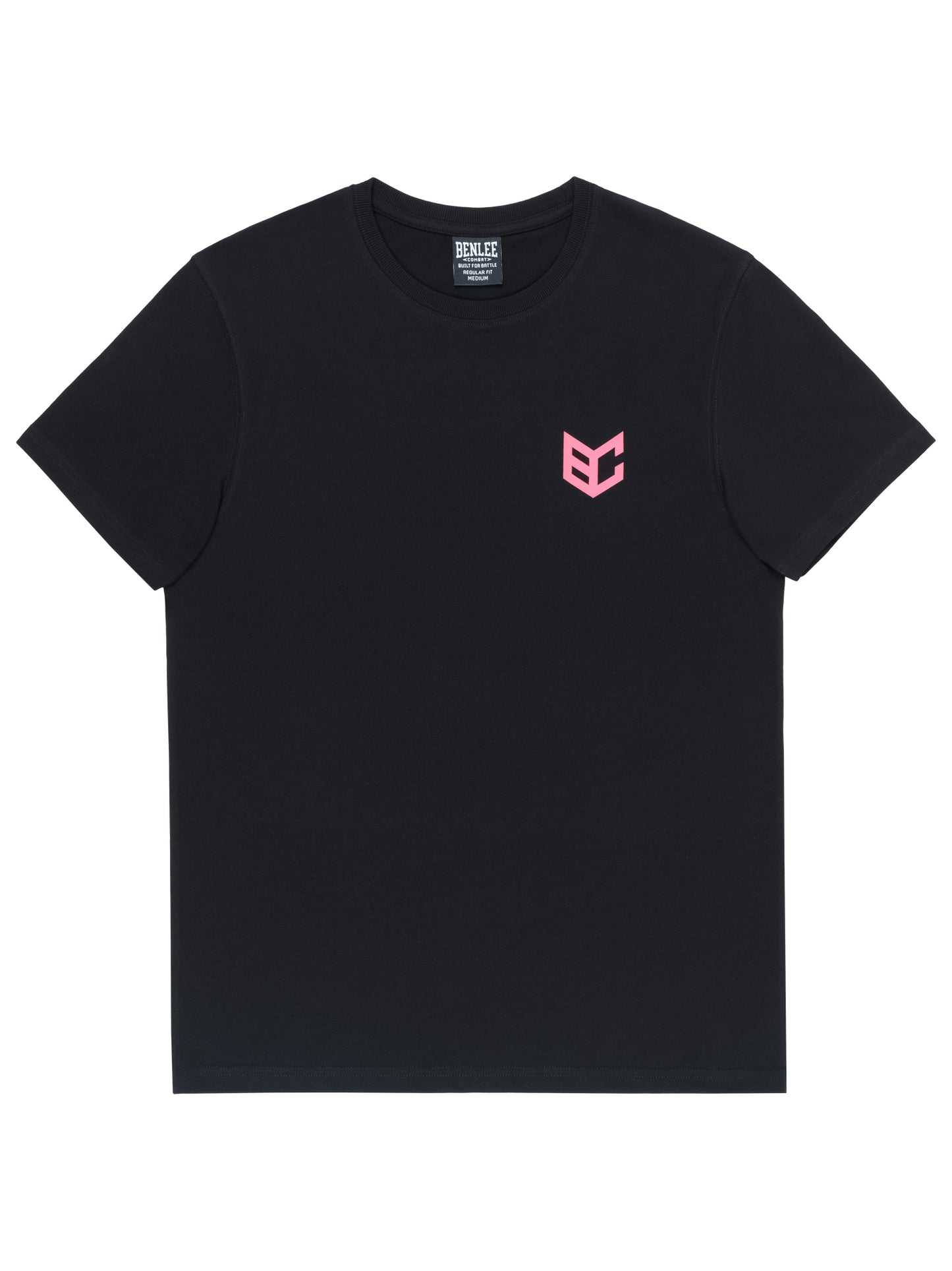BENLEE Herren T-Shirt in Schwarz. Vorderansicht mit kleinem, rosa Logo-Druck auf der Brust.