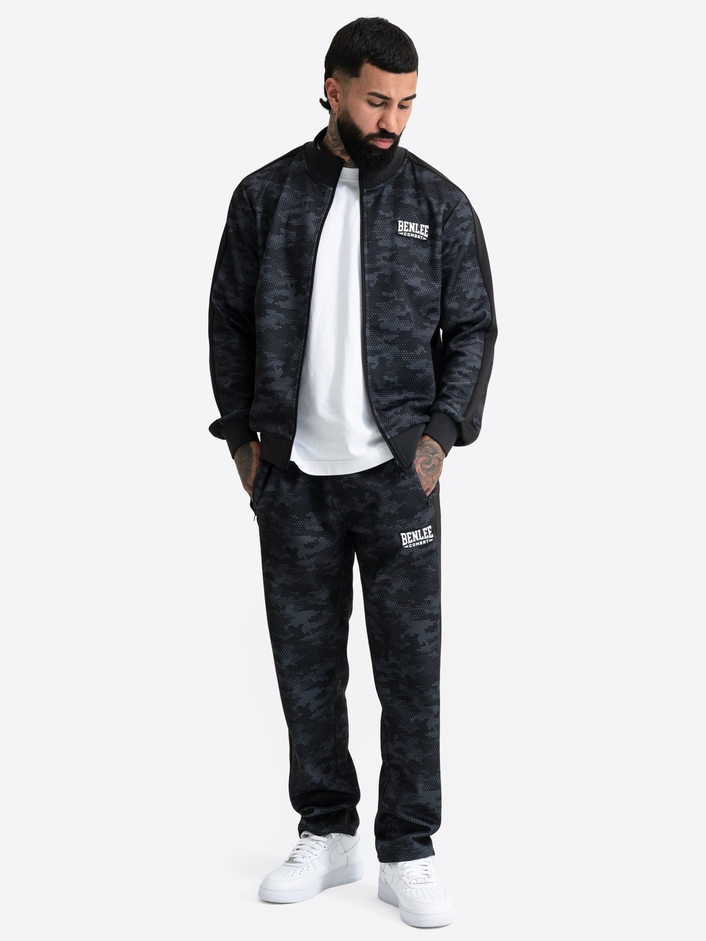 Benlee Jogginganzug Herren Schwarz: Trainingsanzug mit Camouflage-Muster.