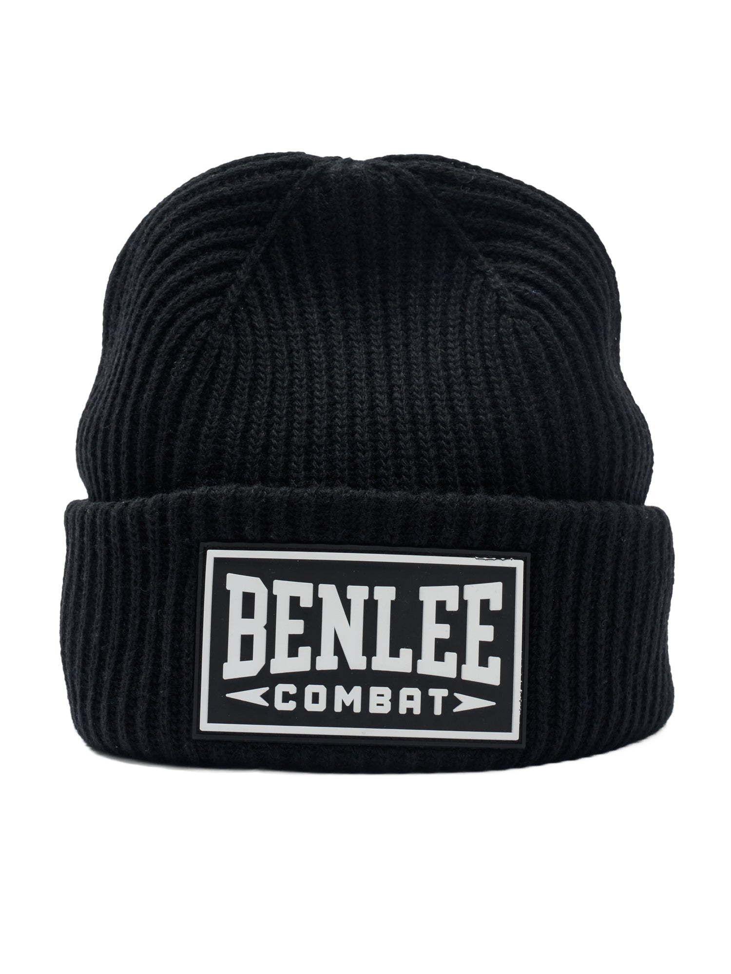 Schwarze Benlee Strickmütze mit weissem Logo-Etikett auf der Vorderseite.