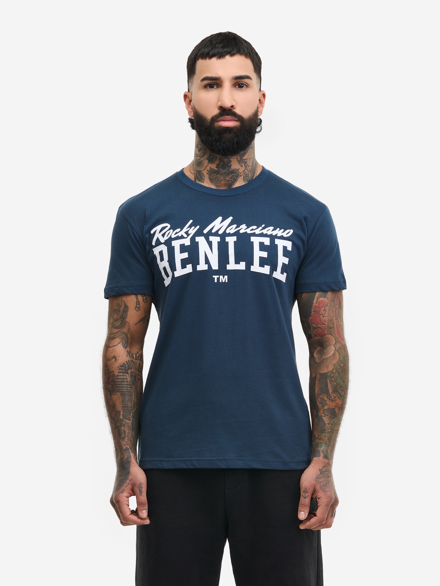 BENLEE Herren T-Shirt in Blau mit weissem Rocky Marciano Logo-Print, Regular Fit.