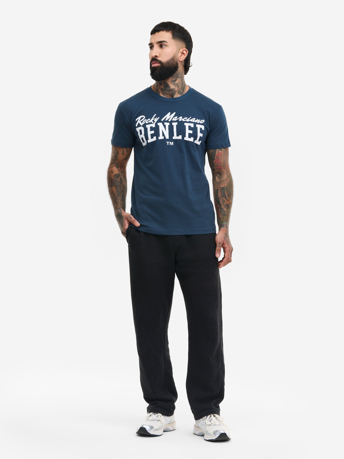 BENLEE Herren T-Shirt in Blau mit weissem Rocky Marciano Logo-Print, Regular Fit.