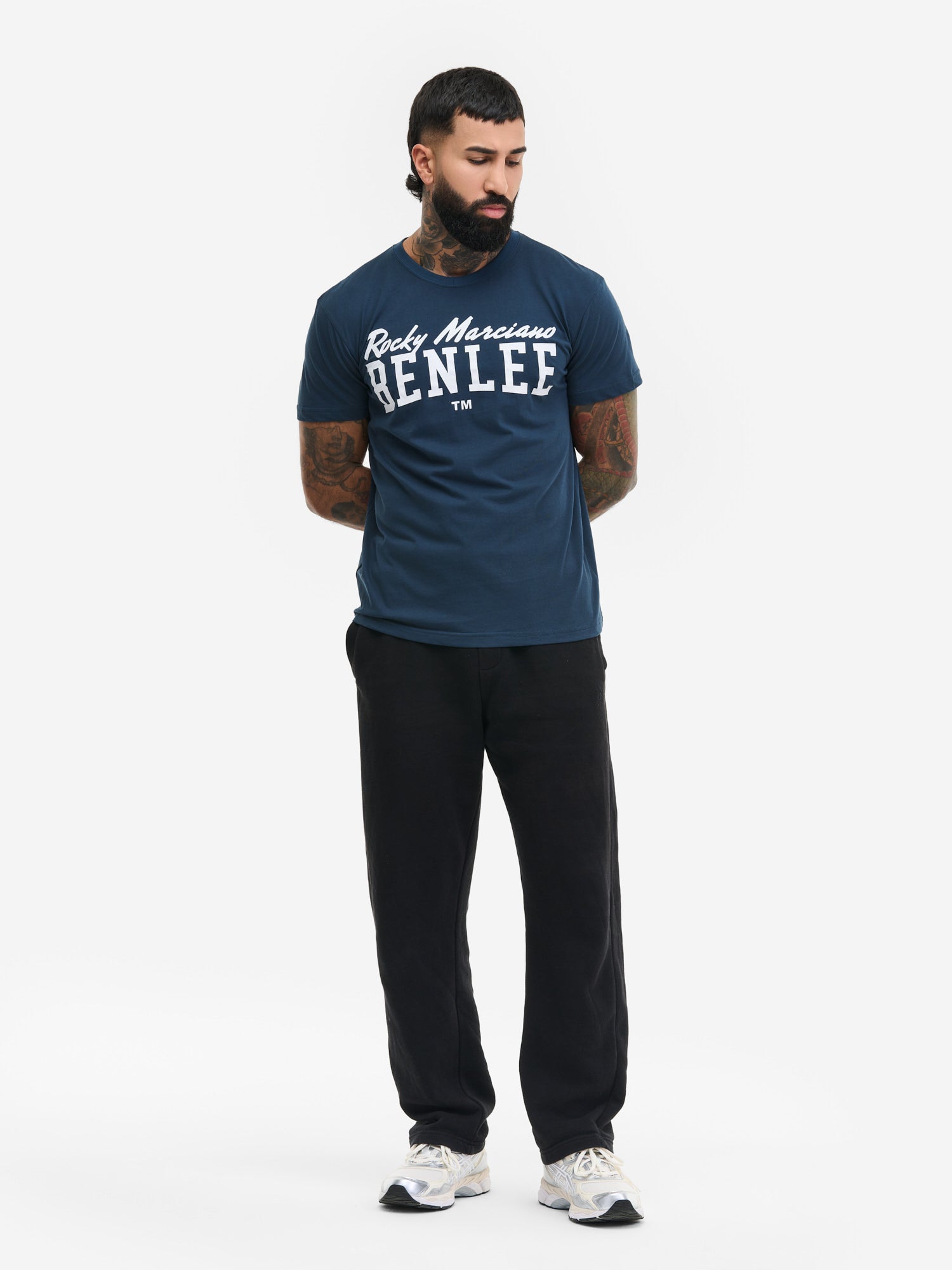 BENLEE Herren T-Shirt in Blau mit weissem Rocky Marciano Logo-Print, Regular Fit.