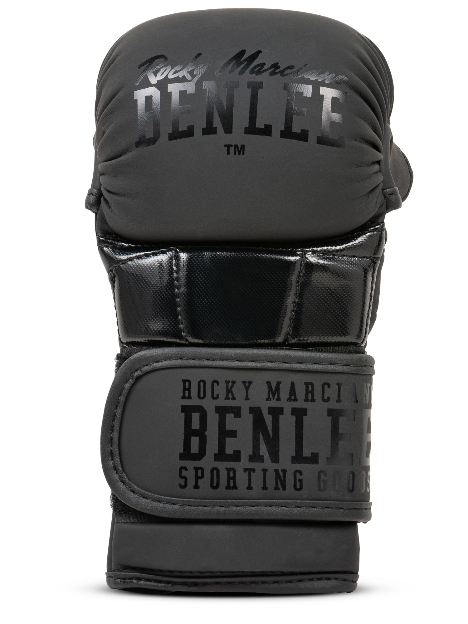 BENLEE MMA-Handschuhe Sparry aus schwarzem Kunstleder mit Daumenschutz und breitem Klettverschluss für stabilen Halt.