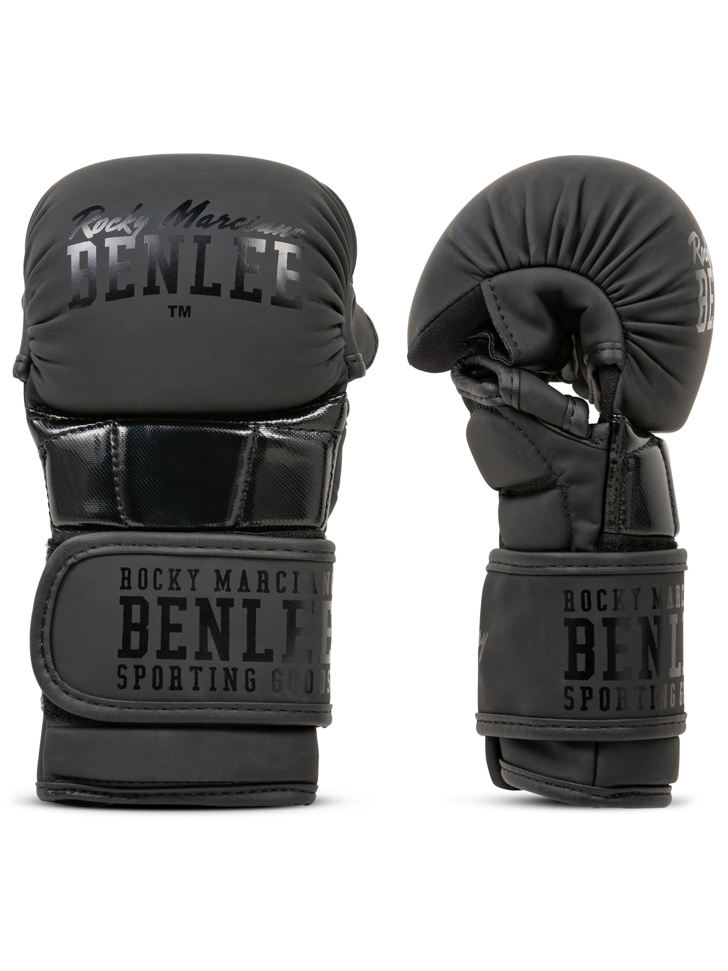 BENLEE MMA-Handschuhe Sparry aus schwarzem Kunstleder mit Daumenschutz und breitem Klettverschluss für stabilen Halt.