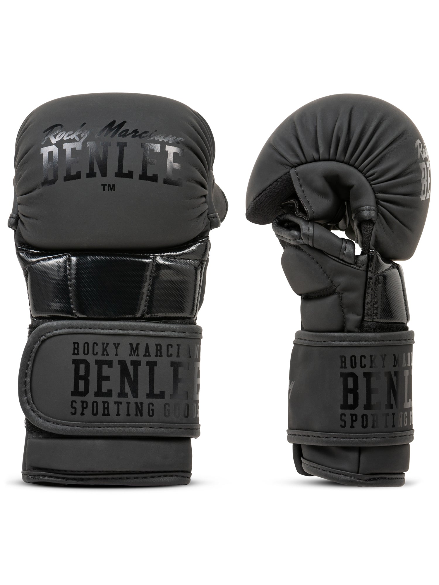 BENLEE MMA-Handschuhe Sparry aus schwarzem Kunstleder mit Daumenschutz und breitem Klettverschluss für stabilen Halt.