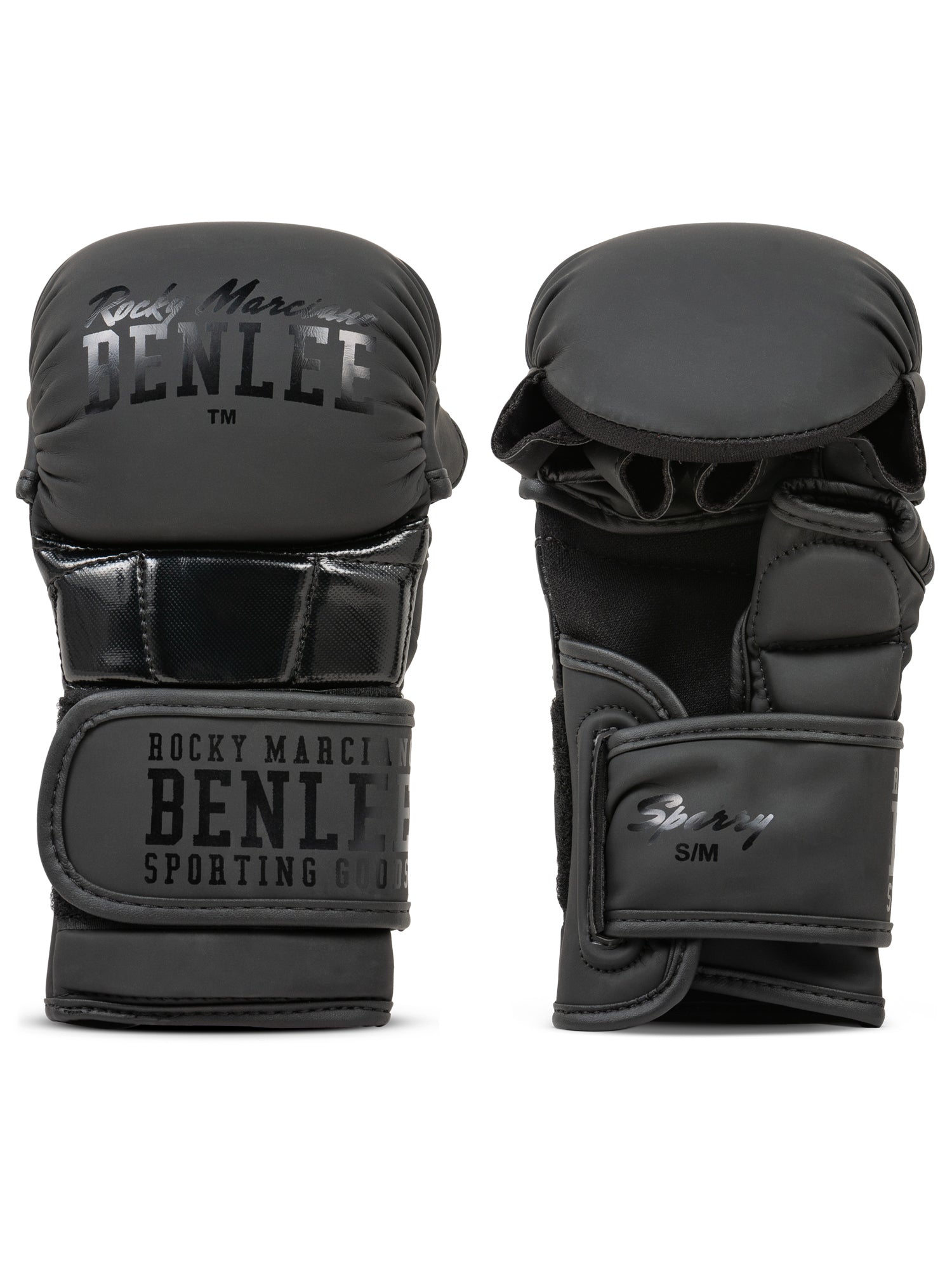BENLEE MMA-Handschuhe Sparry aus schwarzem Kunstleder mit Daumenschutz und breitem Klettverschluss für stabilen Halt.