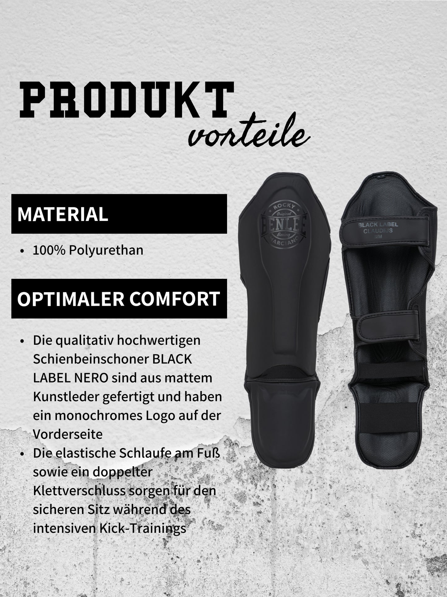 BENLEE Schienbeinschoner BLACK LABEL NERO aus Kunstleder, gepolstert für Kickboxen und MMA Training