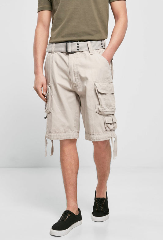  Brandit Savage Vintage Cargoshorts mit weitem Bein, inklusive Gürtel und mehreren Bein- sowie Minitaschen Old White