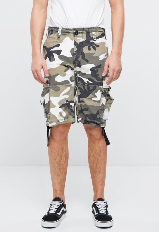 Brandit Vintage Shorts Urban Cargo-Shorts für Herren mit grau-weissem Tarnmuster aus schwerer Baumwolle Vorderansicht