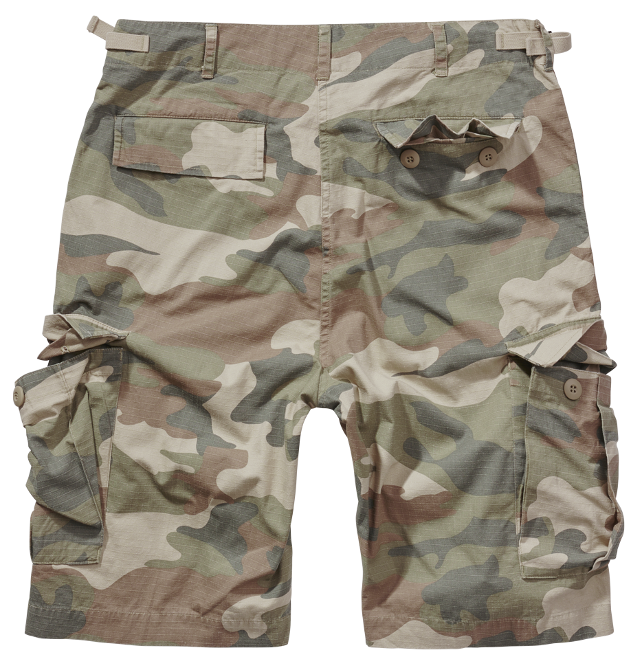Rückansicht der Brandit BDU Ripstop Shorts in Light Woodland mit Gesässtaschen.