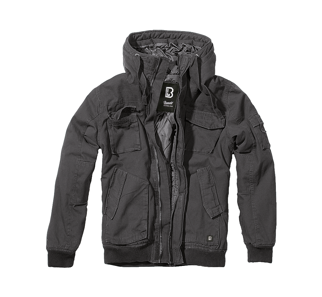 Brandit Kurzjacke in Schwarz mit breitem Bund, weiter Kapuze und gestepptem Innenfutter