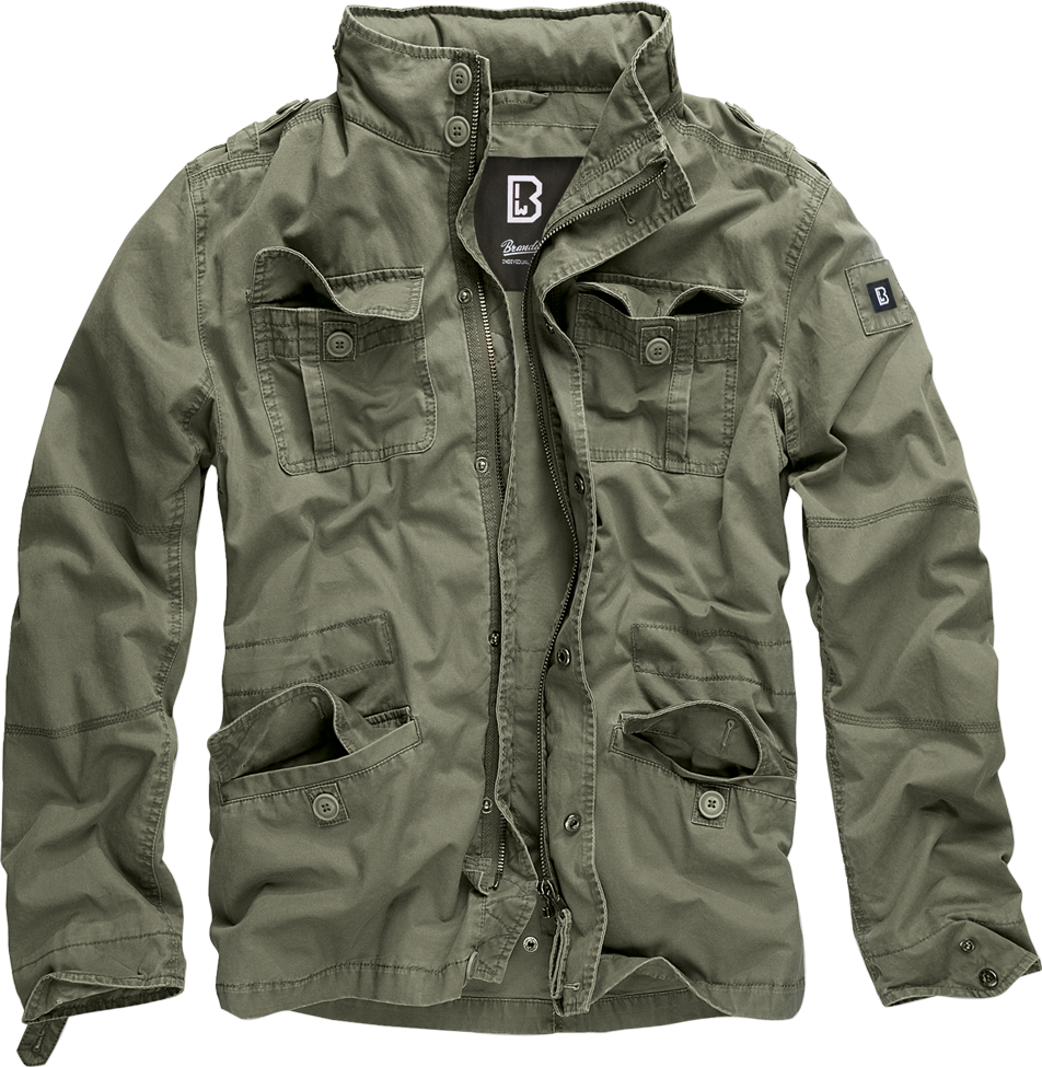 Brandit modifizierte Feldjacke in Oliv mit Logo-Badge, versteckter Kapuze im Kragen, Stehkragen mit Kunstlederapplikation und Used-Effekten.