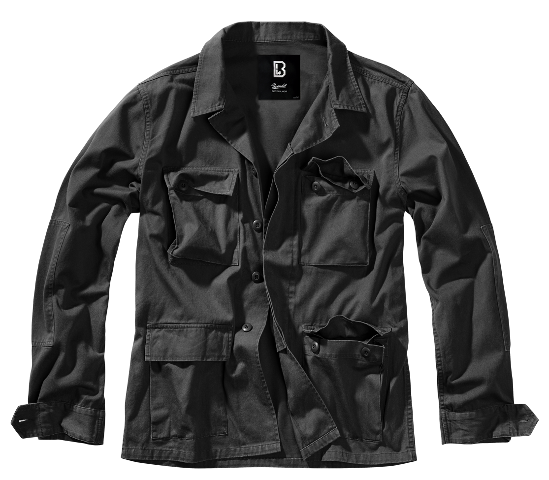 Brandit Hemdjacke in Schwarz aus Baumwoll-Twill, klassischer Military-Vintage-Look, vier Pattentaschen, Knopfverschluss, gerader Schnitt.