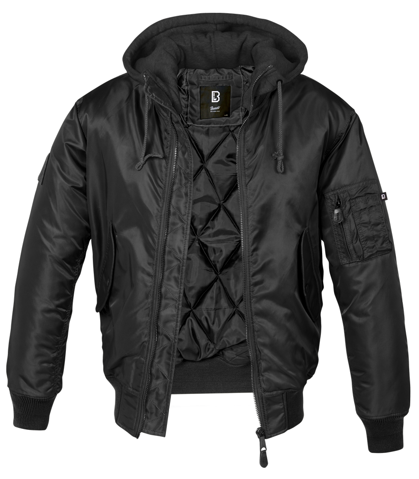 Brandit MA1 Sweat Hooded Jacke schwarz mit Kapuze und warmem Innenfutter