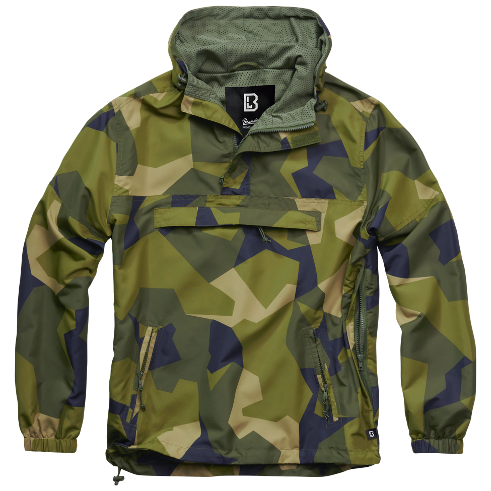 Outdoor-Jacke in Swedish Camo mit Kapuze, Mesh-Futter, Brust- und Seitentaschen, Zipp-Pullern und Lüftungsöffnung.