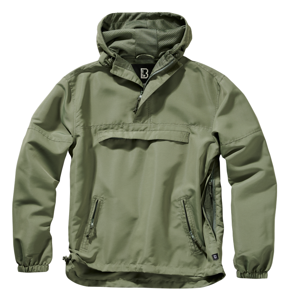 Outdoor-Jacke in Oliv mit Kapuze, Mesh-Futter, Brust- und Seitentaschen, Zipp-Pullern und Lüftungsöffnung.
