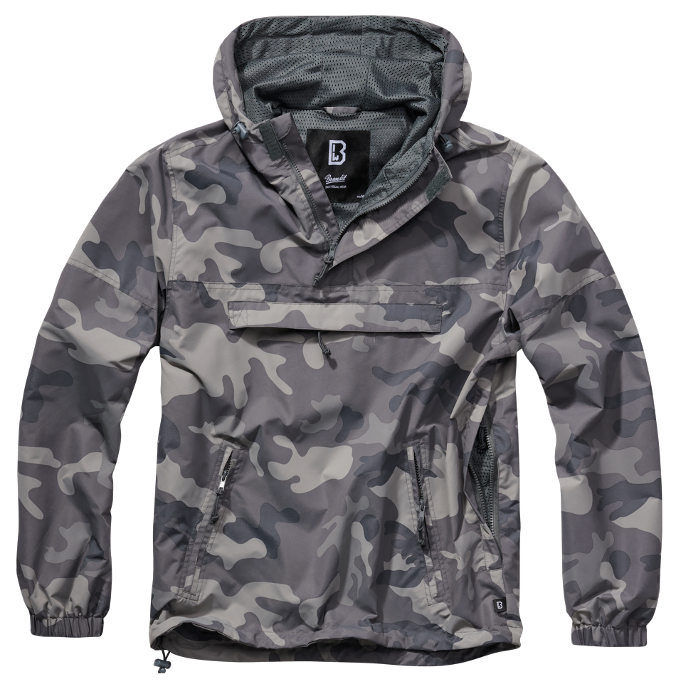 Outdoor-Jacke in Grau Camo mit Kapuze, Mesh-Futter, Brust- und Seitentaschen, Zipp-Pullern und Lüftungsöffnung