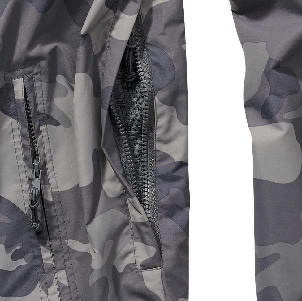 Outdoor-Jacke in Grau Camo mit Kapuze, Mesh-Futter, Brust- und Seitentaschen, Zipp-Pullern und Lüftungsöffnung