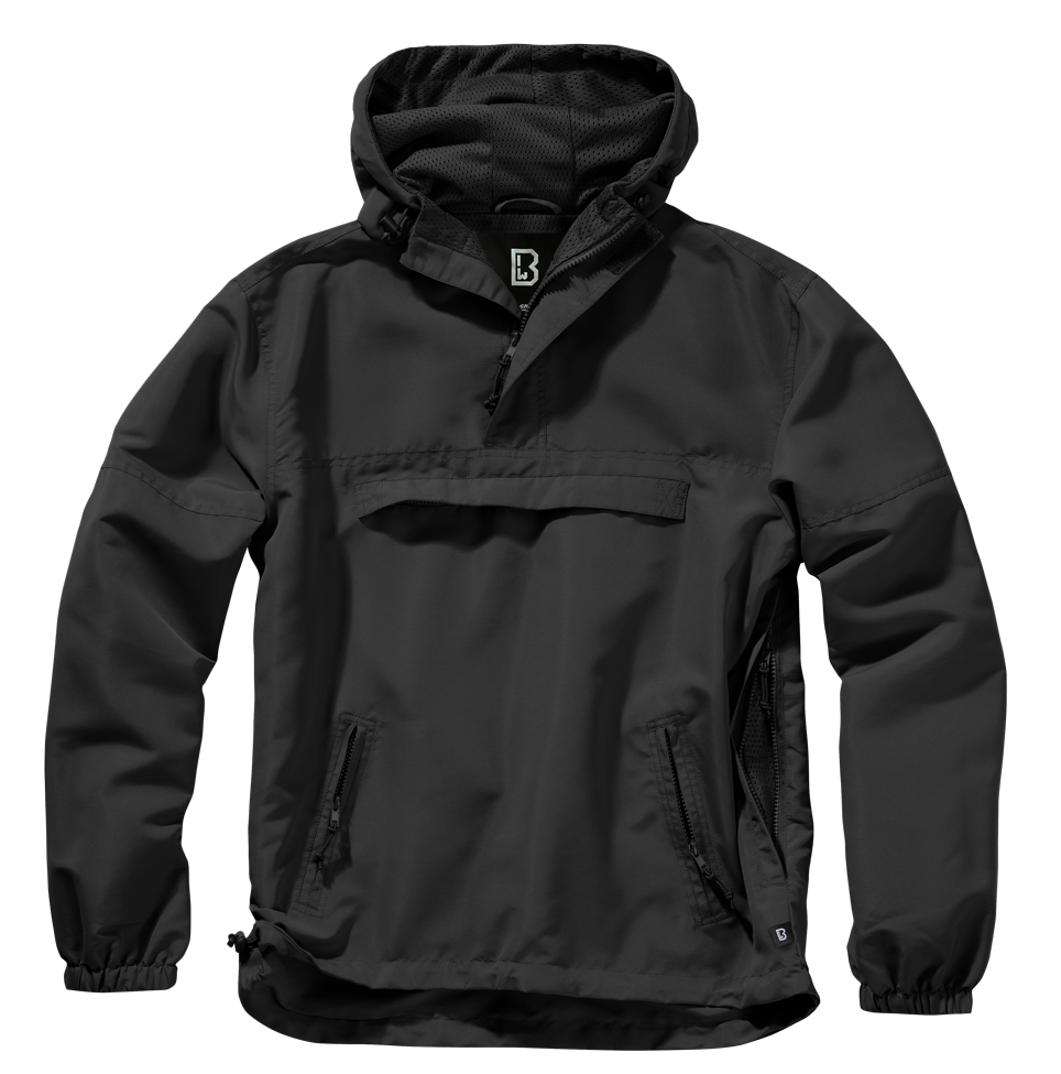 Schwarze Brandit Outdoor-Jacke: wind- und wasserabweisend, Mesh-Futter, Kapuze, viele Reißverschlusstaschen. Leicht, funktional und ideal für jede Witterung.