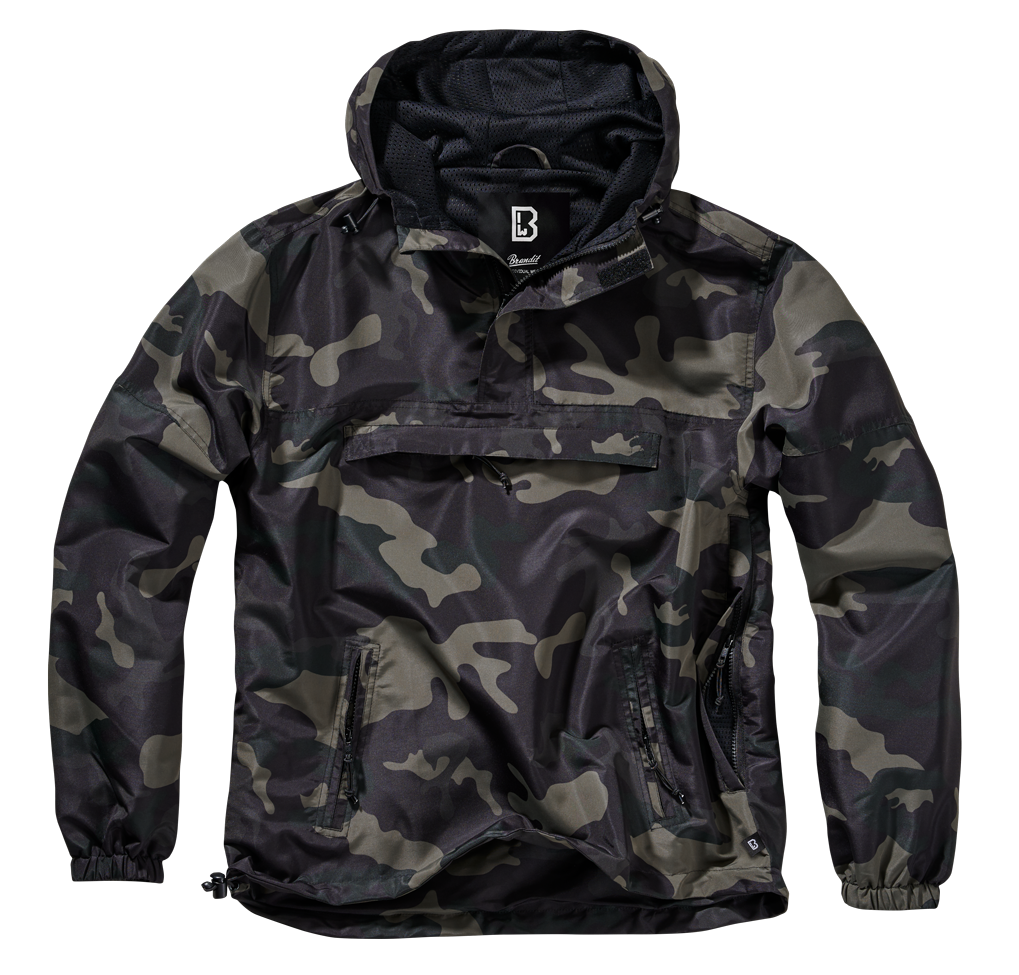 Outdoor-Jacke in Dark Camo mit Kapuze, Mesh-Futter, Brust- und Seitentaschen, Zipp-Pullern und Lüftungsöffnung.