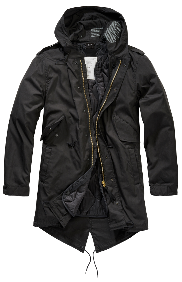 Schwarzer Brandit Fishtail Parka mit warmem Thermofutter, großer Kapuze und funktionalen Taschen – robuster Begleiter für Alltag und Outdoor.