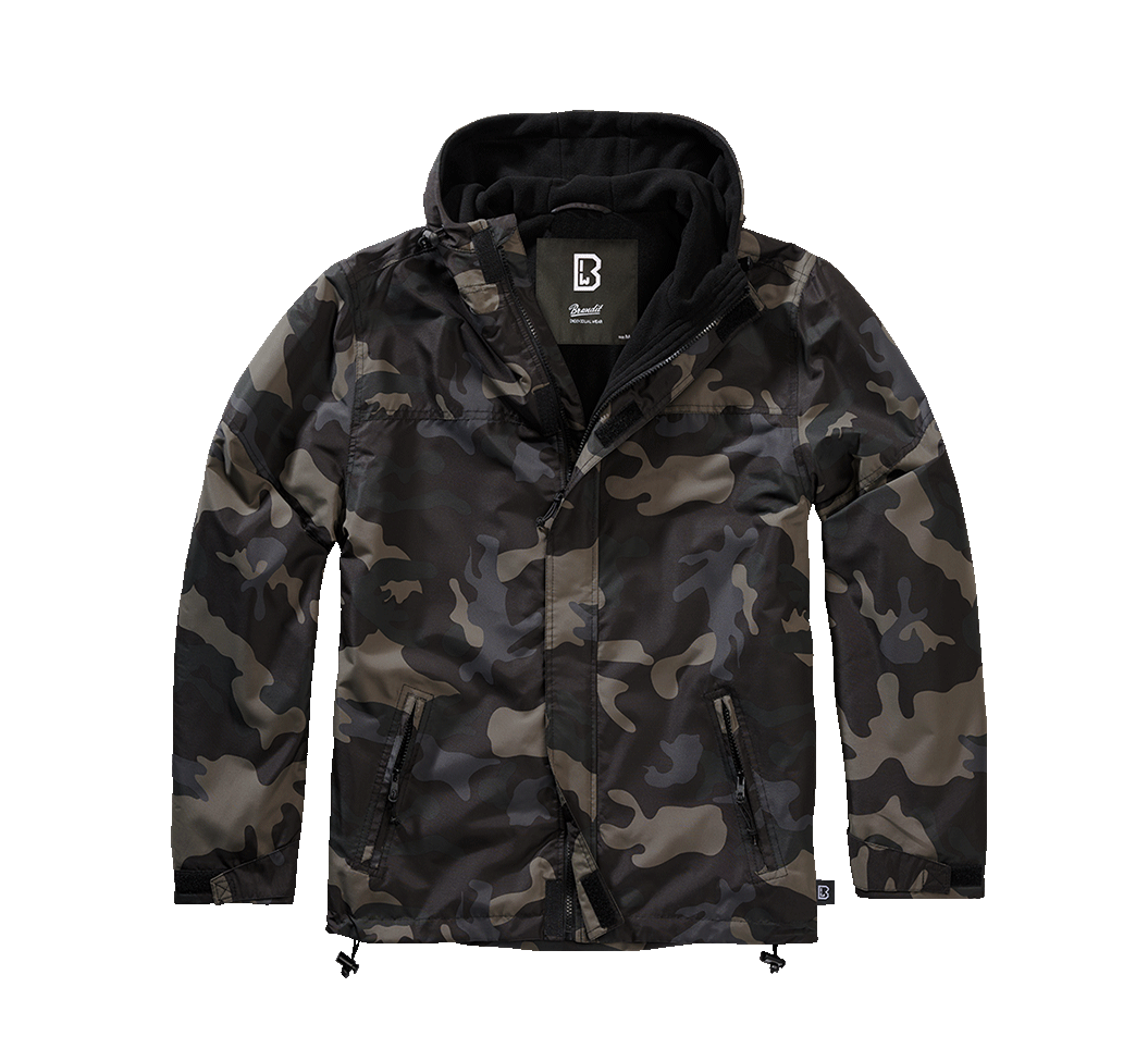 Brandit Windbreaker Dark Camo Frontzip mit warmem Fleecefutter, Kapuze und windabweisendem Material