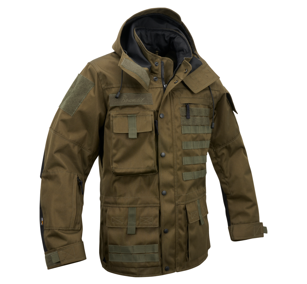 Olivfarbene Brandit taktische Performance-Jacke aus wasserabweisendem Material mit abnehmbarer Kapuze, verstellbarer Taille, Molle-Bändern und vielen Taschen.