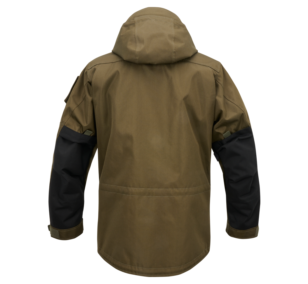 Olivfarbene Brandit taktische Performance-Jacke aus wasserabweisendem Material mit abnehmbarer Kapuze, verstellbarer Taille, Molle-Bändern und vielen Taschen.