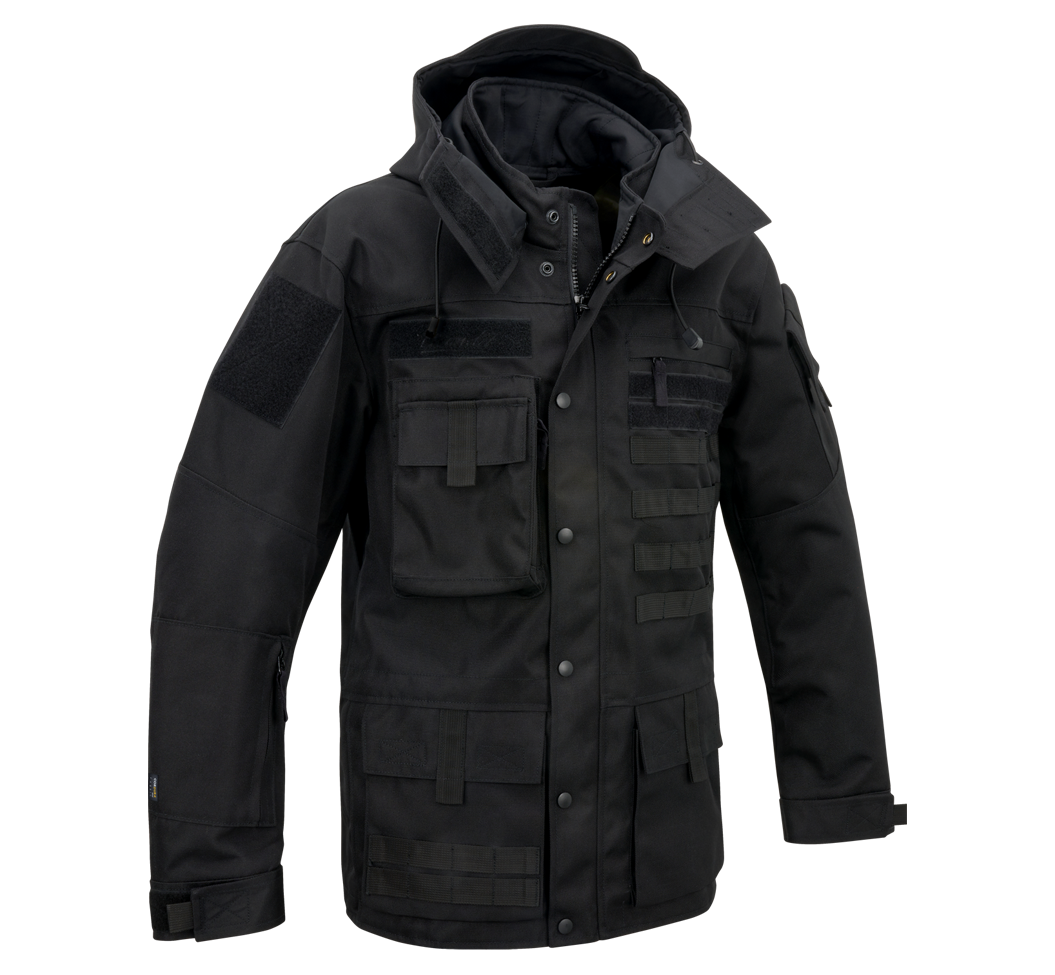 SSchwarze Brandit taktische Performance-Jacke aus wasserabweisendem 900D-Polyester mit abnehmbarer Kapuze, verstellbarer Taille und Molle-Bändern