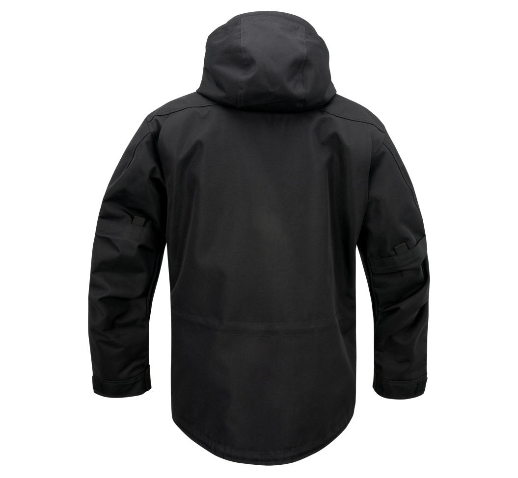 Schwarze Brandit taktische Performance-Jacke aus wasserabweisendem 900D-Polyester mit abnehmbarer Kapuze, verstellbarer Taille und Molle-Bändern