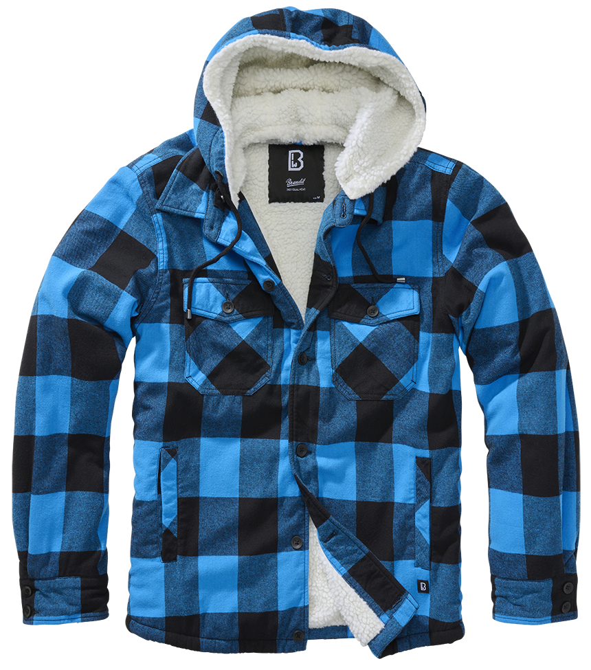 Brandit Lumber Jacket Hooded in Schwarz-Blau: warme, wattierte Flanelljacke mit Teddyfell, abnehmbarer Kapuze und vielen Taschen – ideal für Alltag & Outdoor.