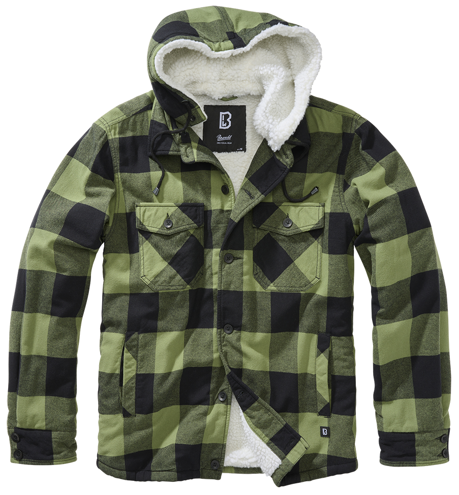 Schwarz-Oliv Brandit Hooded Lumber Jacke mit Teddyfell, abnehmbarer Kapuze, Brust- und Seitentaschen, Straight-Cut.“