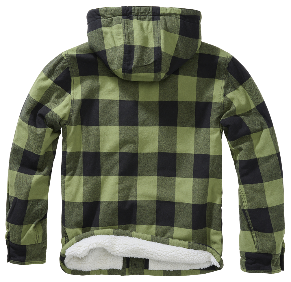 Schwarz-Oliv Brandit Hooded Lumber Jacke mit Teddyfell, abnehmbarer Kapuze, Brust- und Seitentaschen, Straight-Cut.“