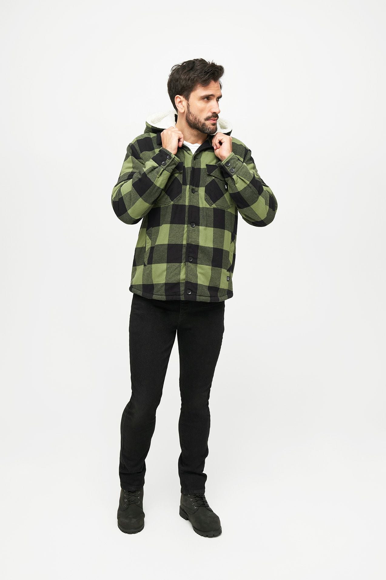 Schwarz-Oliv Brandit Hooded Lumber Jacke mit Teddyfell, abnehmbarer Kapuze, Brust- und Seitentaschen, Straight-Cut.“