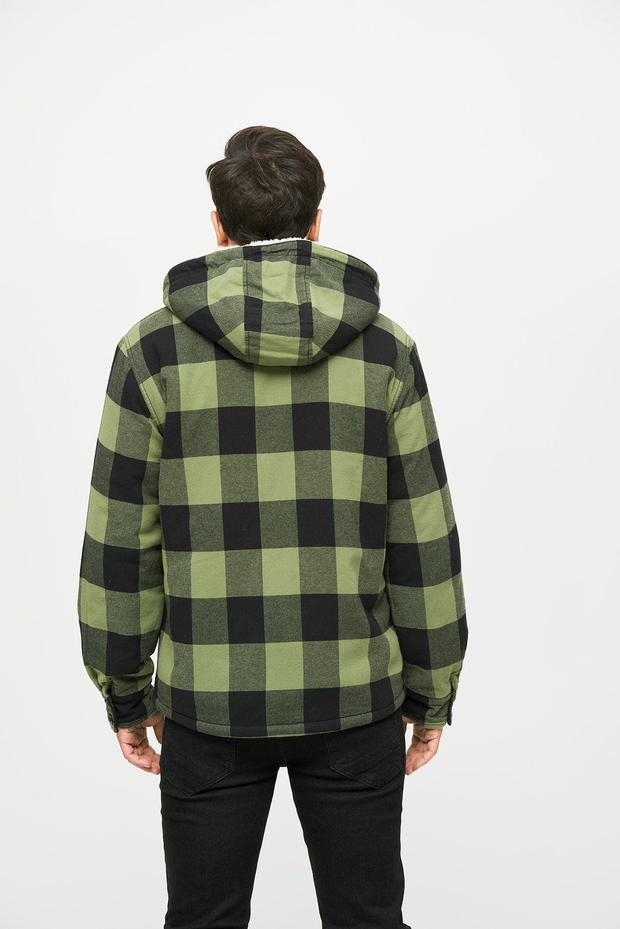 Schwarz-Oliv Brandit Hooded Lumber Jacke mit Teddyfell, abnehmbarer Kapuze, Brust- und Seitentaschen, Straight-Cut.“