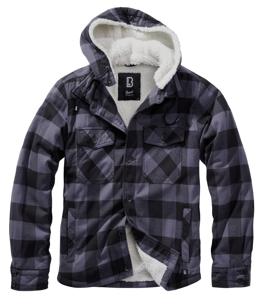 Brandit Lumber Jacket Hooded in Schwarz-Grau: warme, wattierte Flanelljacke mit Teddyfell, abnehmbarer Kapuze und vielen Taschen – ideal für Alltag & Outdoor.
