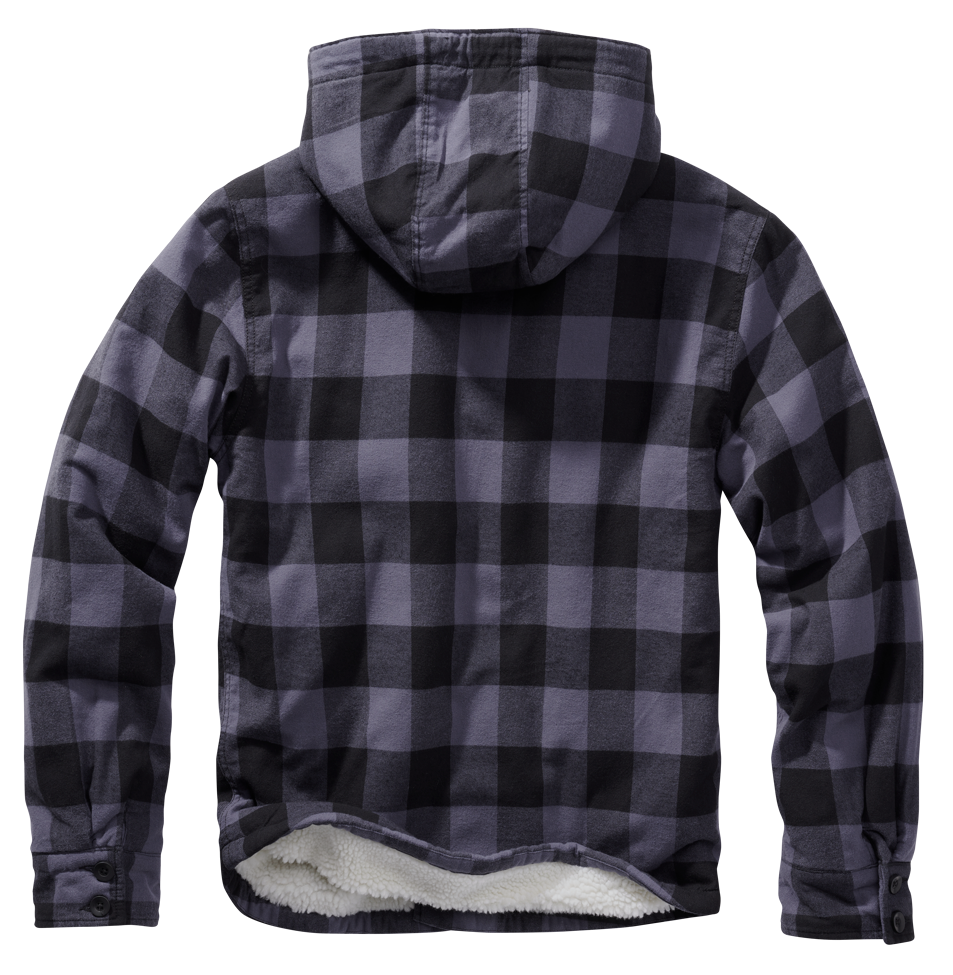 Brandit Lumber Jacket Hooded in Schwarz-Grau: warme, wattierte Flanelljacke mit Teddyfell, abnehmbarer Kapuze und vielen Taschen – ideal für Alltag & Outdoor.