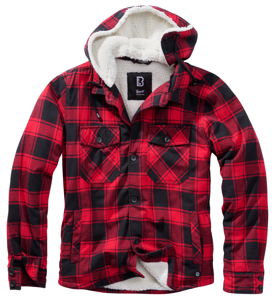 Brandit Lumber Jacket Hooded in Schwarz-Rot: warme, wattierte Flanelljacke mit Teddyfell, abnehmbarer Kapuze und vielen Taschen – ideal für Alltag & Outdoor.