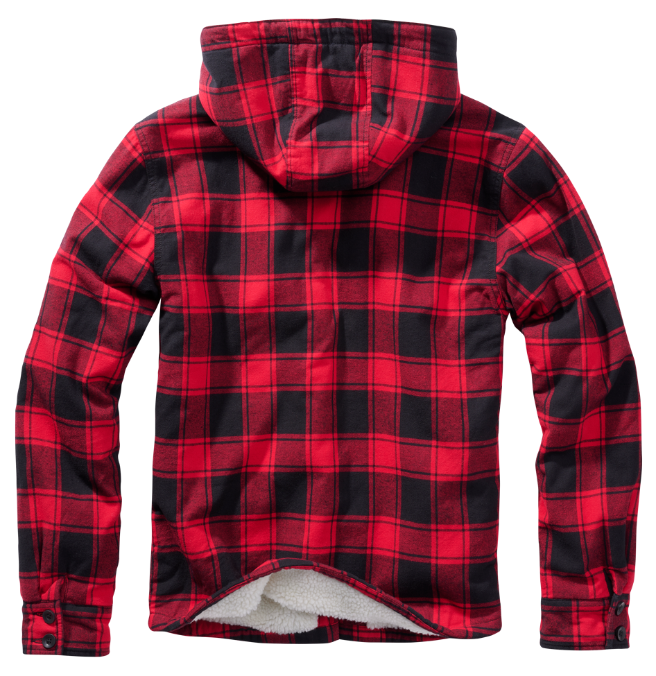 Brandit Lumber Jacket Hooded in Schwarz-Rot: warme, wattierte Flanelljacke mit Teddyfell, abnehmbarer Kapuze und vielen Taschen – ideal für Alltag & Outdoor.