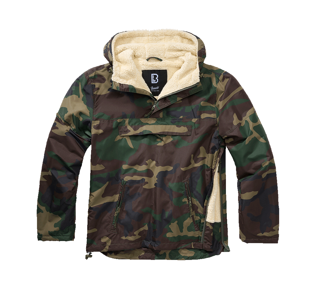 „Brandit Windbreaker Sherpa Jacke Woodland mit Teddyfell-Futter, Kapuze und wasserabweisendem Material