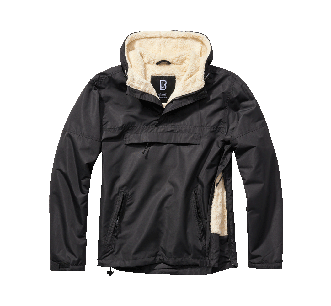 Schwarzer Brandit Windbreaker Sherpa Jacke mit Teddyfell-Futter, Kapuze und wasserabweisendem Material