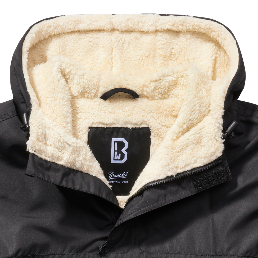 Schwarzer Brandit Windbreaker Sherpa Jacke mit Teddyfell-Futter, Kapuze und wasserabweisendem Material