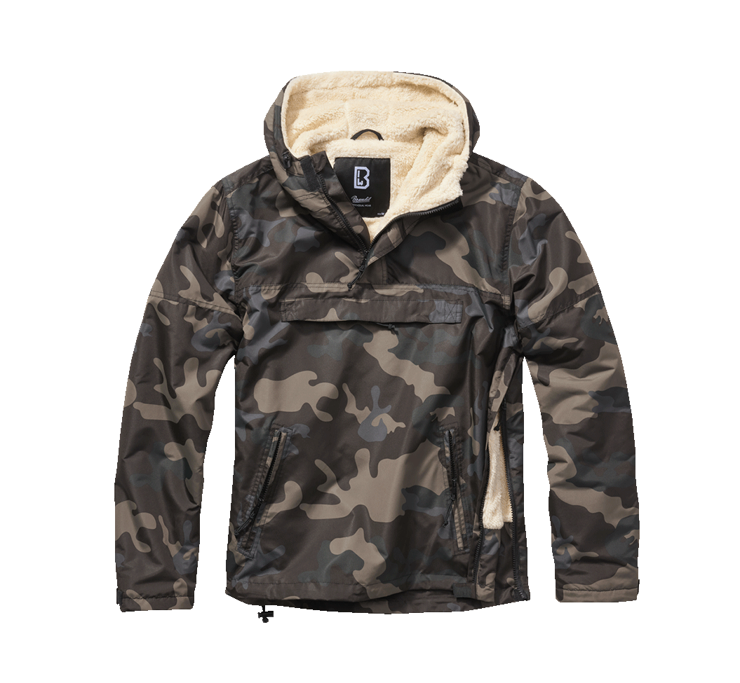 Brandit Windbreaker Sherpa Jacke Dark Camo mit Teddyfell-Futter, Kapuze und wasserabweisendem Material