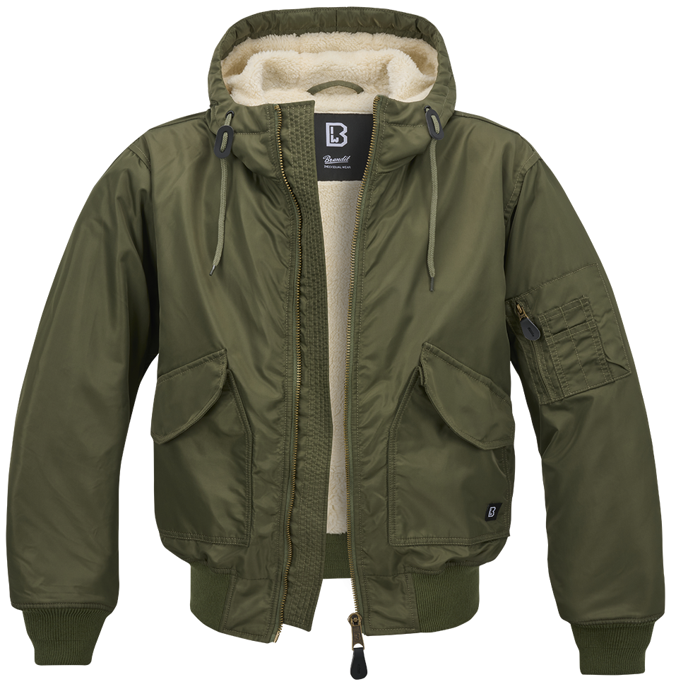 Brandit CWU Fliegerjacke Olive mit warmem Teddyfell, gefütterter Kapuze, Strickbündchen und wind-/wasserabweisendem Nylon.