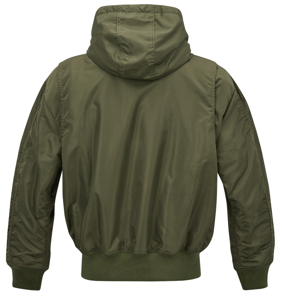 Brandit CWU Fliegerjacke Olive mit warmem Teddyfell, gefütterter Kapuze, Strickbündchen und wind-/wasserabweisendem Nylon.